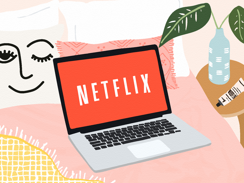 laptop, netflix, pillow, bed, table