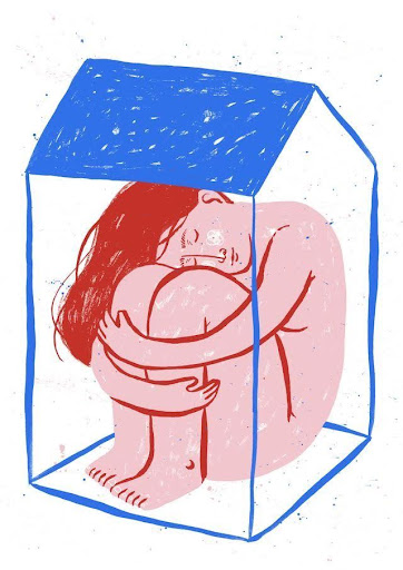 Graphic of a person with long hair huddled inside a structure that resembles a house.