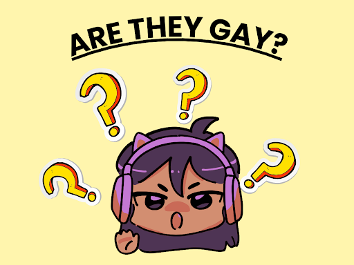 a confused girl with questions marks on top of her head and a text saying “are they gay?”