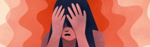 Graphic of person with long hair with their hands held up to their face.