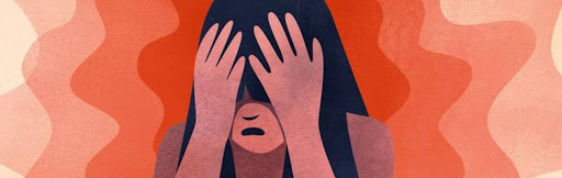 Graphic of person with long hair with their hands held up to their face.