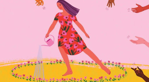 Graphic of a feminine figure watering plants around her against a pink backdrop.