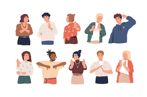 Graphic of many people standing together in frames.