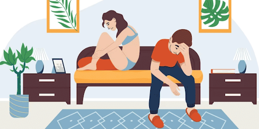 Graphic of two individuals partially undressed and looking dejected.