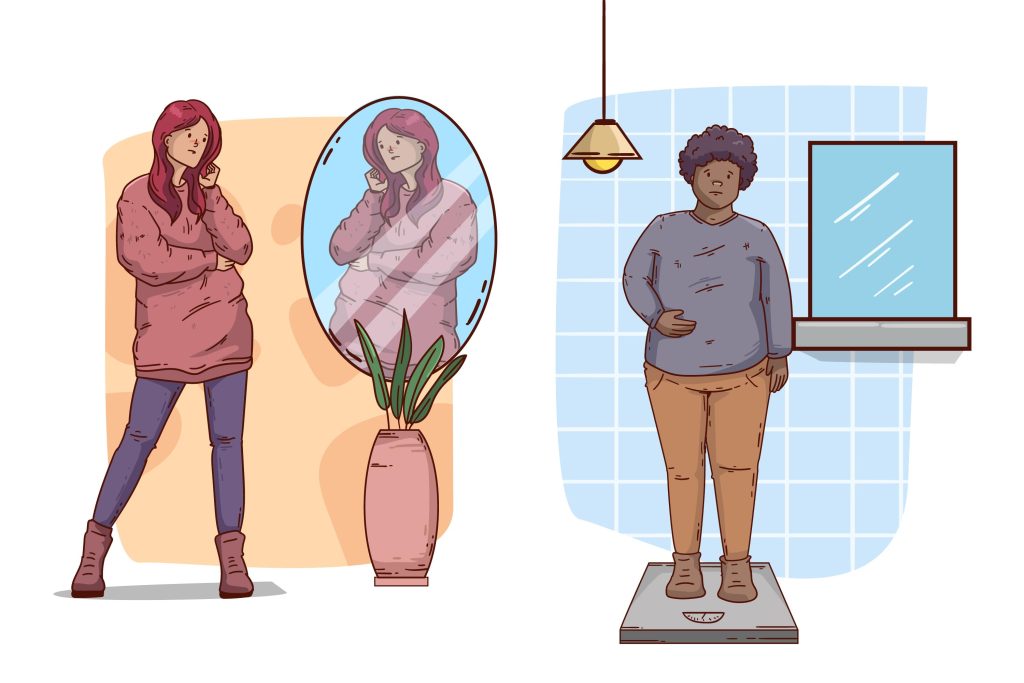Graphic of people looking at themselves in the mirror.