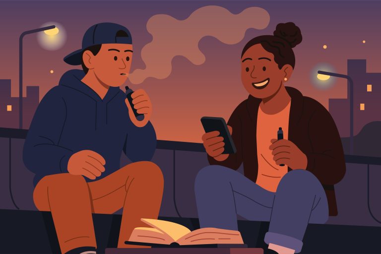 Graphic illustration of a couple smoking on a balcony.