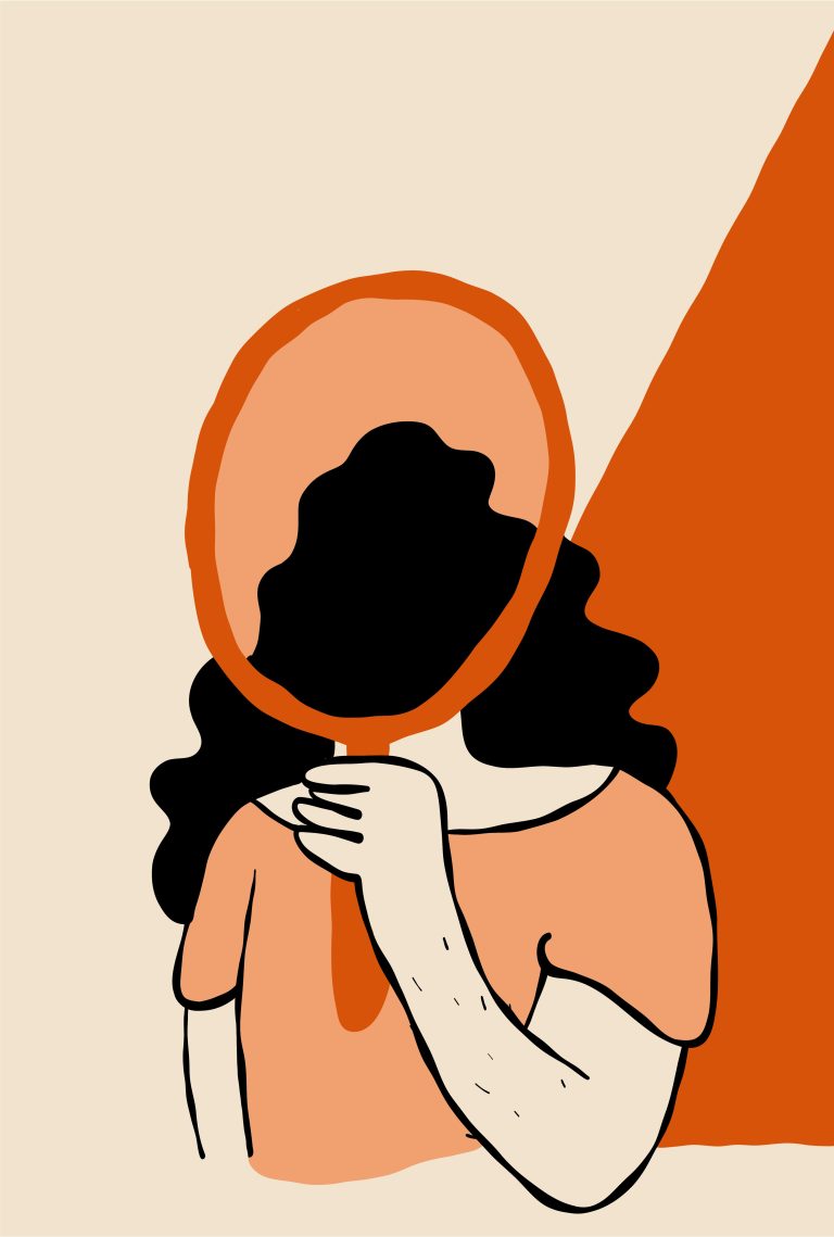 Graphic illustrating a person with long hair holding a mirror in front of their face that is covered by hair.