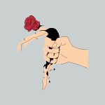 Visual graphic illustration of a rose with human limbs, wilting in the hands of a human.