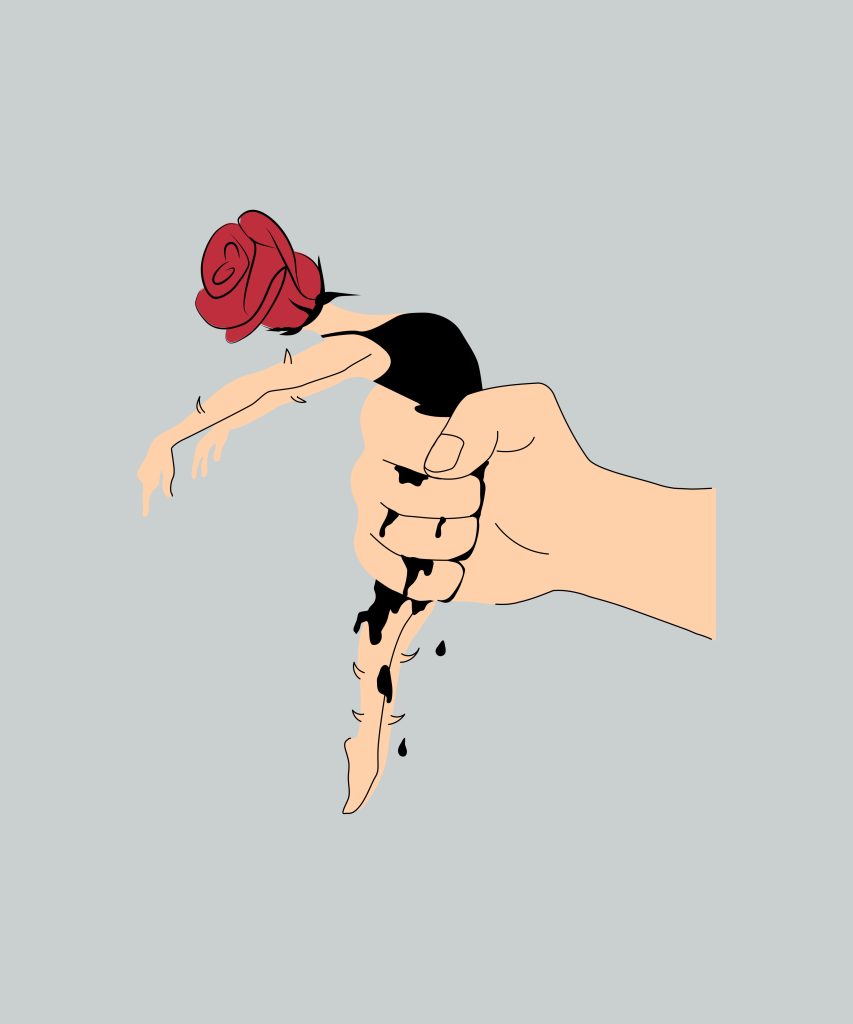 Visual graphic illustration of a rose with human limbs, wilting in the hands of a human.