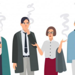 Graphic of people in formal wear standing together and smoking.