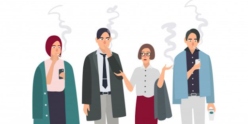 Graphic of people in formal wear standing together and smoking.