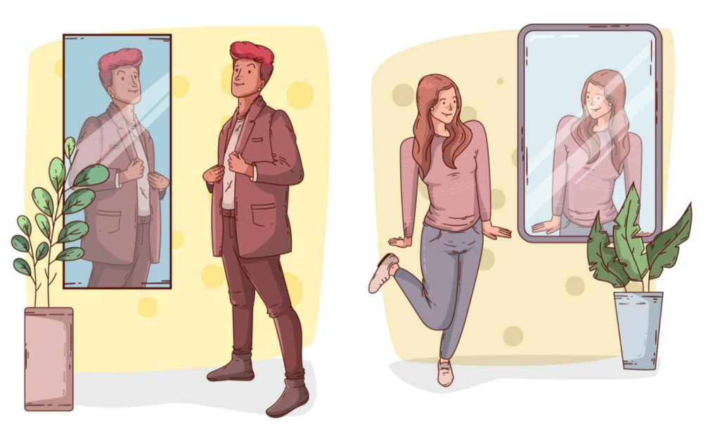 Graphic of people looking at themselves in the mirror with self-love.