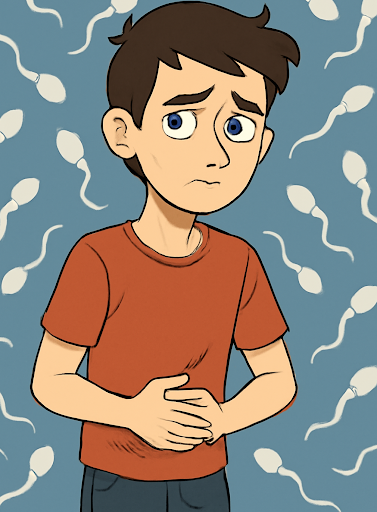 Graphic illustration of person presenting as male wincing in pain and holding their tummy against a backdrop of sperm pattern.