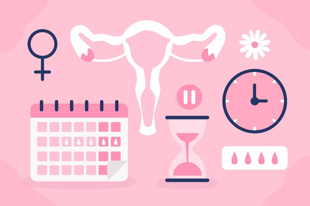Animated graphic showing a uterus, calendar, clock, hourglass depicting menopause