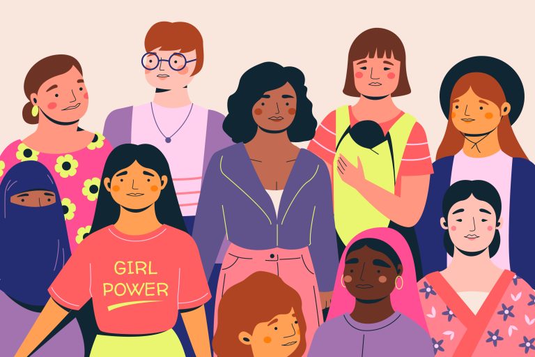 Graphic of female presenting folks standing together
