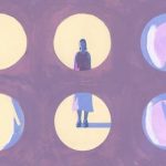 Graphic illustration of OCPs with a person presenting as female standing within one of the circular pills depicted as windows.