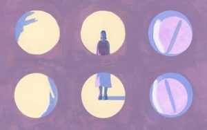 Graphic illustration of OCPs with a person presenting as female standing within one of the circular pills depicted as windows.