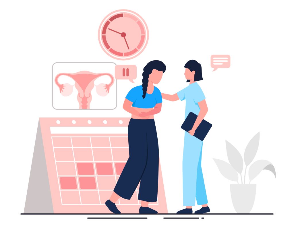 Graphic of Woman with Menopause symptoms being counselled by Doctor.