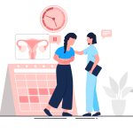 Graphic of Woman with Menopause symptoms being counselled by Doctor.