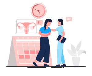 Graphic of Woman with Menopause symptoms being counselled by Doctor.