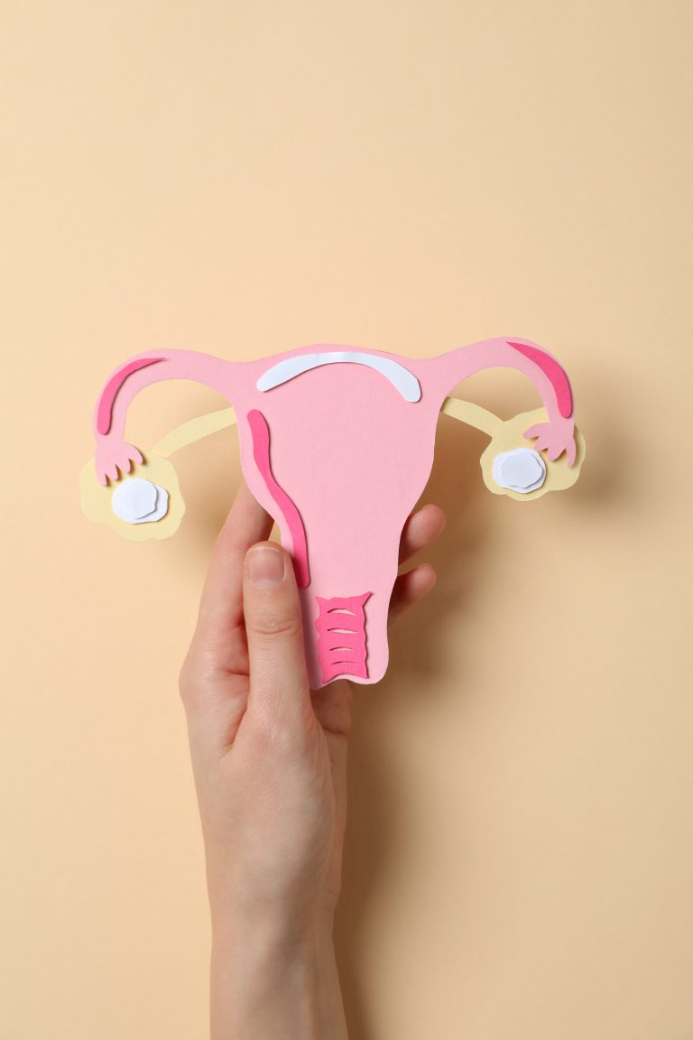 Paper uterus in female hand on beige background, top view