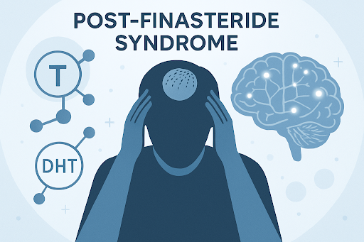 Blue vector graphic of a person with their head in their hands and a title saying "Post-Finasteride Syndrome"