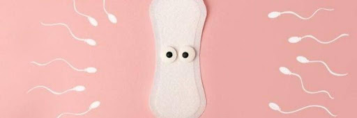 Playful image of a sanitary pad with googly eyes being surrounded by sperm.